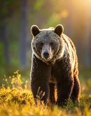 Fototapeta premium Majestic Brown Bear Strolling Through Sunlit Forest.