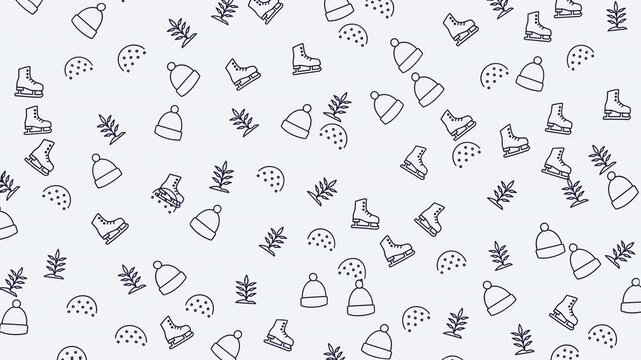 Seamless winter pattern featuring hats, ice skates, plants, and snow suitable for stationery, fabric, and home decor designs.