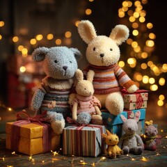 Adorable Handcrafted Plush Toys Gathered Together Amidst Colorful Presents and Sparkling Lights, Creating a Warm Festive Atmosphere Perfect for Celebrations