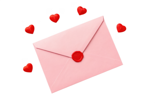 Pink envelope with red wax seal isolated on transparent background in studio