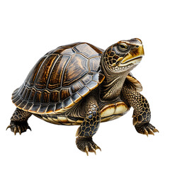 Obraz premium Brown turtle stands, detailed shell, and textured skin on black background