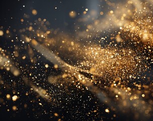 Fototapeta premium Golden glitter particles sparkling on dark background with shiny bokeh effect, luxurious celebration or festive party decoration, abstract illuminated dust, vibrant light reflections