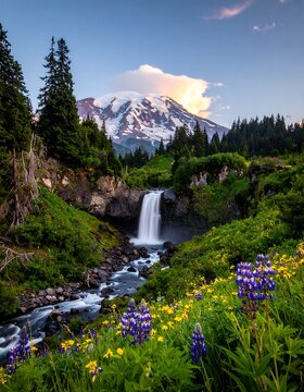 Majestic Mount Rainier and Narada Falls in Washington State.