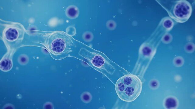 A close-up view of cells in a blue abstract scientific illustration.