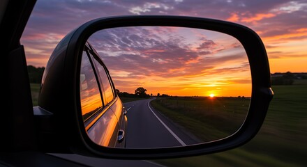 Sunset Reflection in Car Mirror - Road Trip at Dusk.