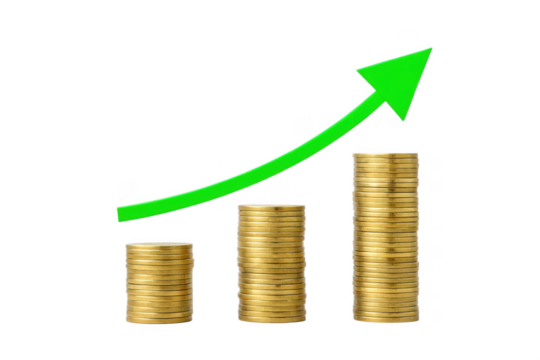 Stacks of coins with green arrow pointing up isolated on transparent background