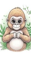 Adorable Baby Gorilla Illustration with Gentle Expression and Lush Greenery.
