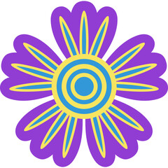 Abstract purple flower with a yellow and blue circular center and radiating yellow petals against a transparent background a simple graphic design element