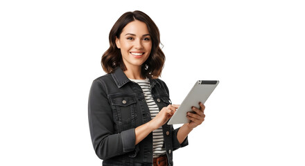 Smiling Woman Tablet Device Social Media Connection Technology Application