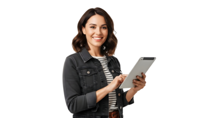Smiling Woman Tablet Device Social Media Connection Technology Application