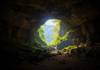 A picturesque view of the exit from a dark large cave into open terrain.
