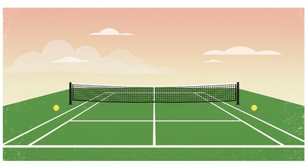 Fototapeta premium Tennis court illustration with net and tennis balls, green grass.