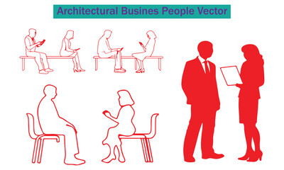 Architectural Business People Vector set featuring professional figures in different poses — walking, sitting, standing, and working. Perfect for architectural drawings, business presentations.