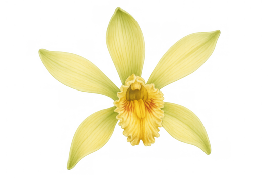 Vanilla orchid flower watercolor illustration with yellow petals and botanical drawing details on transparent background