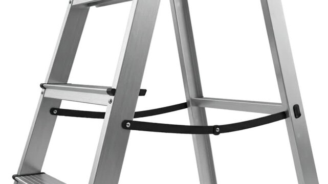 A closeup of a silver stepladder against a white backdrop highlighting its aluminum frame steps and black safety straps