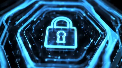 A glowing blue padlock icon on a dark digital background - Powered by Adobe