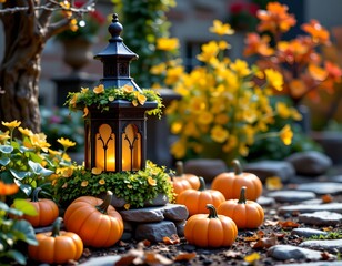 Obraz premium This is a colorful fall garden scene with pumpkins arranged around an illuminated lantern in the center of the frame