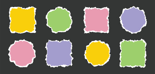 Torn piece of paper isolated circle and square shape. Piece of paper with a torn edge. Cute colors geometric shape with a white torn edge.