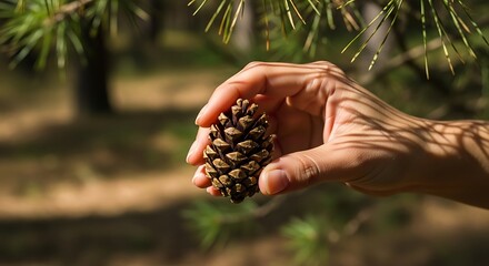 Hand Holding a Pine Cone in a Forest Setting.