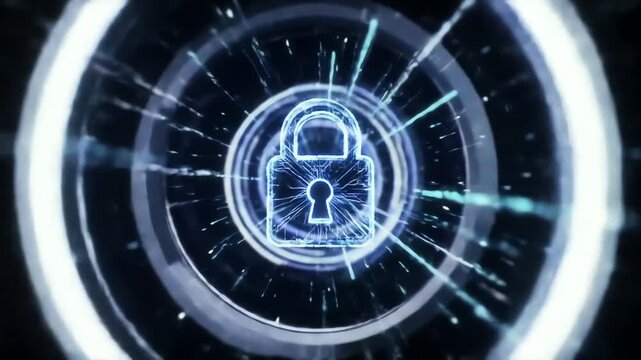 A glowing blue padlock symbol is centrally positioned within concentric circles