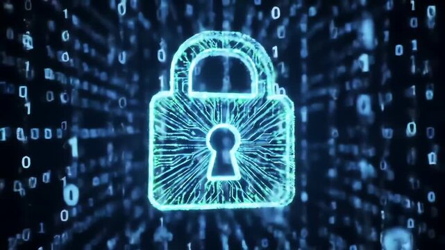 A glowing cyan circuitboard padlock in the center against a dark background of blurred binary code