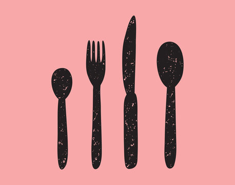 silverware spoon, tablespoon and teaspoon, fork and knife textured grunge icon silhouette set. 