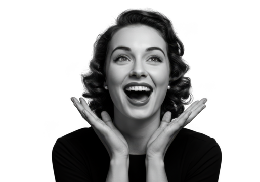 Joyful woman expressing delight with hands raised in black and white portrait transparent background
