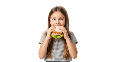 Cute Girl Enjoying Healthy Sandwich Kid Eating Lunchtime Meal Delicious Food