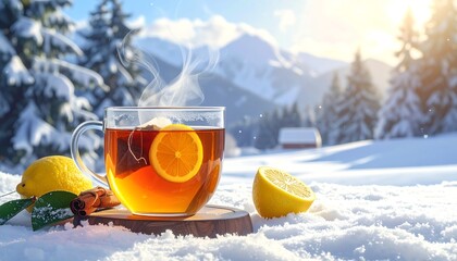 A steaming cup of lemon tea in a snowy landscape