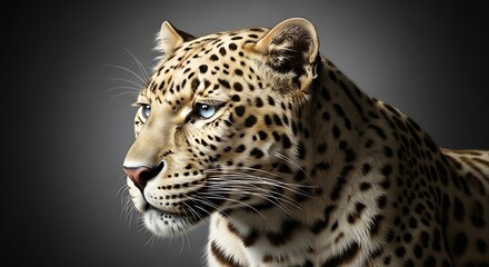 Obraz premium A hyper-realistic portrait of a white leopard with pale cream fur covered in soft golden-brown spots, gazing gracefully to the side.
