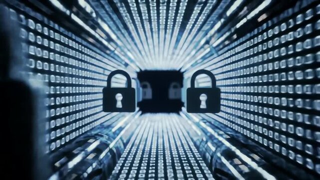 Digital locks and binary code tunnel data security concept