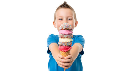 Cute Boy with Tower of Ice Cream Delicious Treat Sweet Dessert Concept