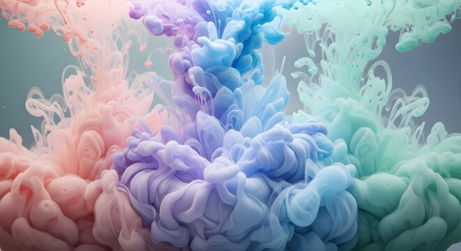 Mesmerizing abstract background of vibrant pastel ink diffusing in water, creating a beautiful flowing motion and dreamy texture for creative designs