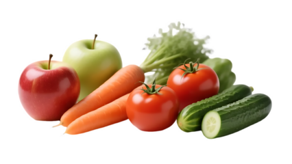 AI generated Fresh Cucumber, Carrot, Tomato, and Apple on Transparent Background , Healthy Food Composition.