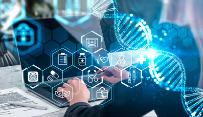 Person typing on laptop with floating medical icons and DNA strand, futuristic creative style,...