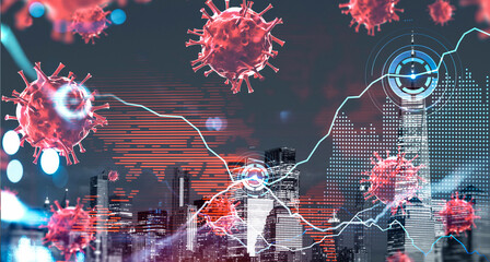 Red virus particles floating over a city skyline with futuristic data graphics and charts, on a dark gradient background. Concept of economic impact and crisis