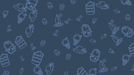 Blue background filled with scattered summerthemed icons drawings. Suitable for summer party invitations, social media posts, and vacationthemed designs.