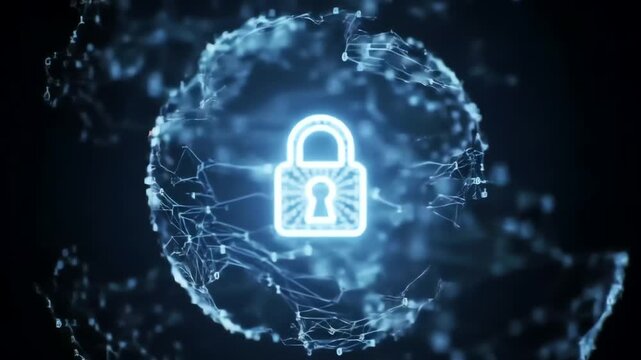 Glowing padlock symbol superimposed on a network of binary code