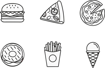 American Food Icon Set Design. Classic Fast Food Illustration Set. Traditional American Cuisine Icons. Delicious Burger and Fries Icon Pack. USA Diner Food Icon Collection. American Restaurant Menu