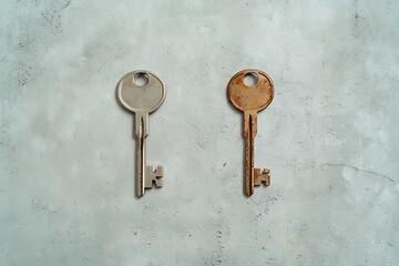 Two Different Keys on Concrete Surface Showing Contrast of New and Old Metal Texture