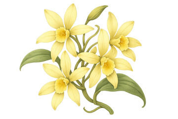 Obraz premium Vanilla orchid flower illustration, delicate yellow blossoms and green leaves, botanical drawing, transparent background