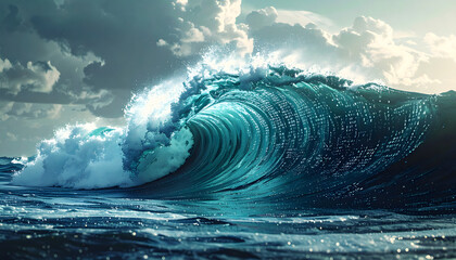 A majestic and powerful ocean wave cresting under a dramatic, cloudy sky, with sunlight breaking through with digital coding numbers across its surface like holographic data