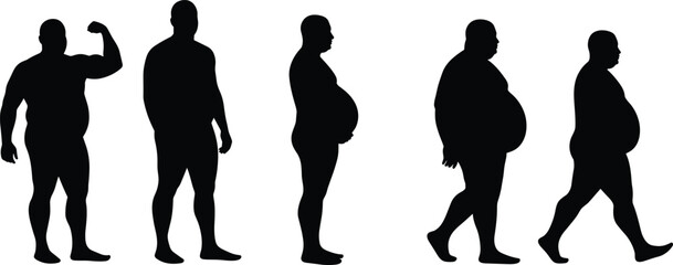 Male body silhouette showing weight gain process, obesity progression and health change concept illustration for fitness, medical and wellness design