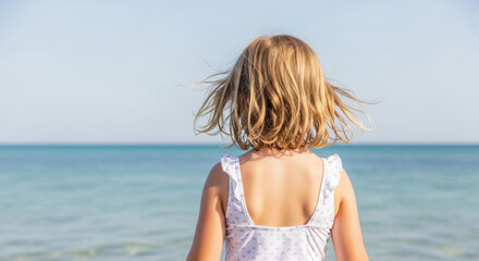 Blond Girl Looking at Seascape Vacation Relaxation Summer Water Sunshine Child Kid Innocence Back View Peaceful Horizon