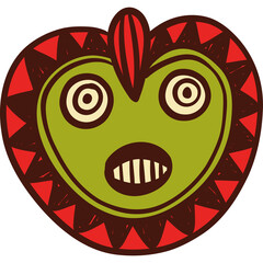Green tribal mask with red and brown geometric accents and wide eyes with a startled expression isolated on a transparent background