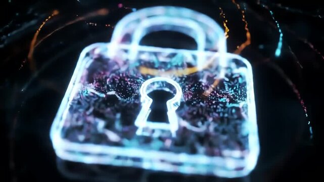 Neon blue padlock outline with glowing particles inside