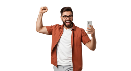 Excited Man Cheering with Phone Winning Success Celebration Achievement