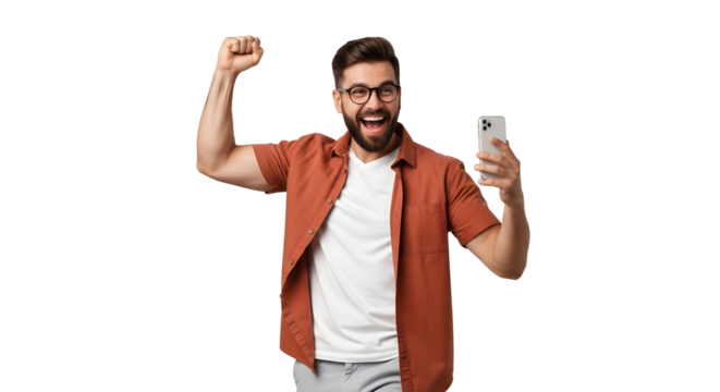 Excited Man Cheering with Phone Winning Success Celebration Achievement