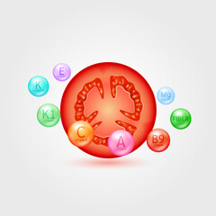 Tomato slice surrounded by vitamins and minerals. Fruits in vitamin A essential to the health care. Natural alternative supplements. Vector illustration.