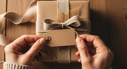 Close-up of hands holding a wrapped gift box with ribbon and blank tag on a wooden table, ideal for branding, packaging, and lifestyle visuals.